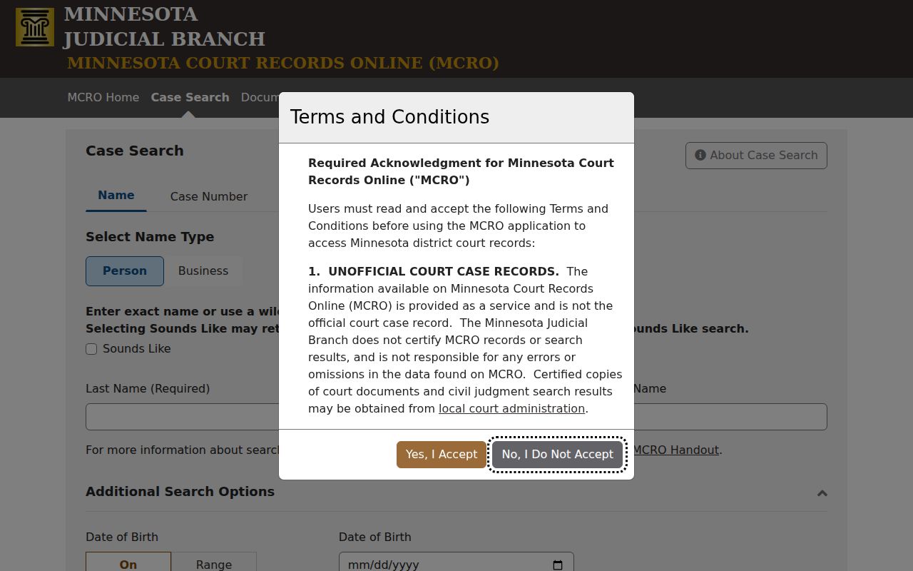 Cook County case search tabs in MCRO