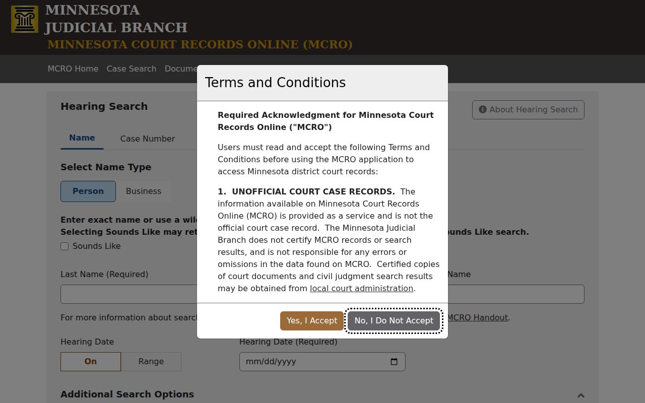 Cook County court hearing search fields in MCRO