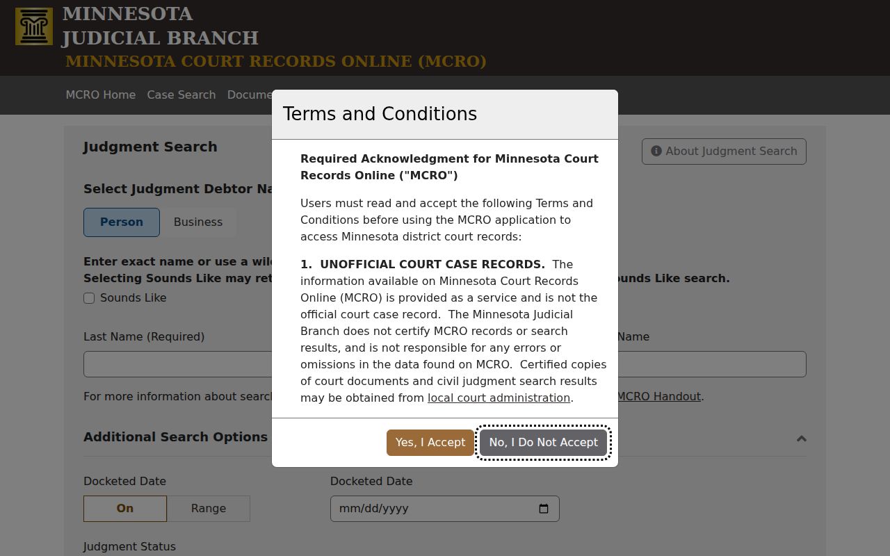 Cook County court records Judgment Search interface