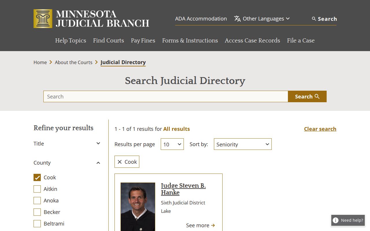 Cook County court docket Minnesota District Court judicial directory